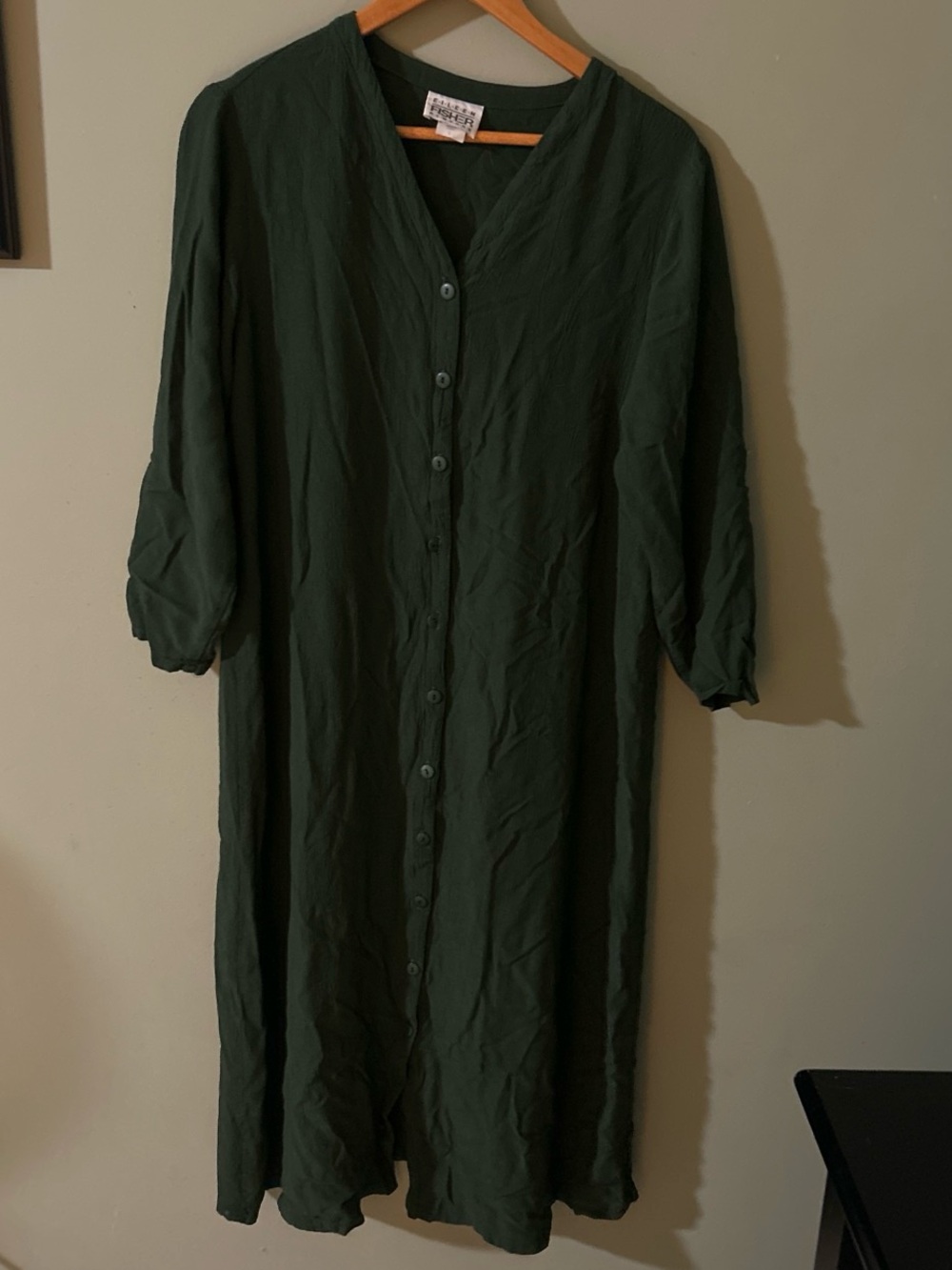 Eileen Fisher Dark Green Long Button-Front Lightweight Shirt Dress